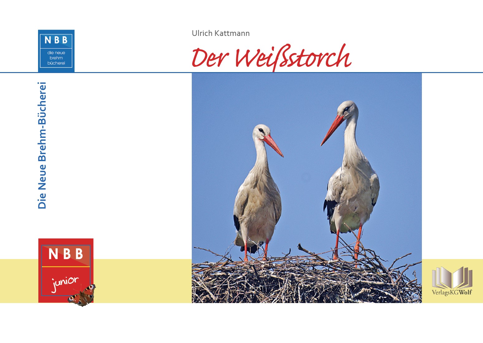 Ein Buchcover mit zwei Störchen auf einem großen Nest vor blauem Himmel.