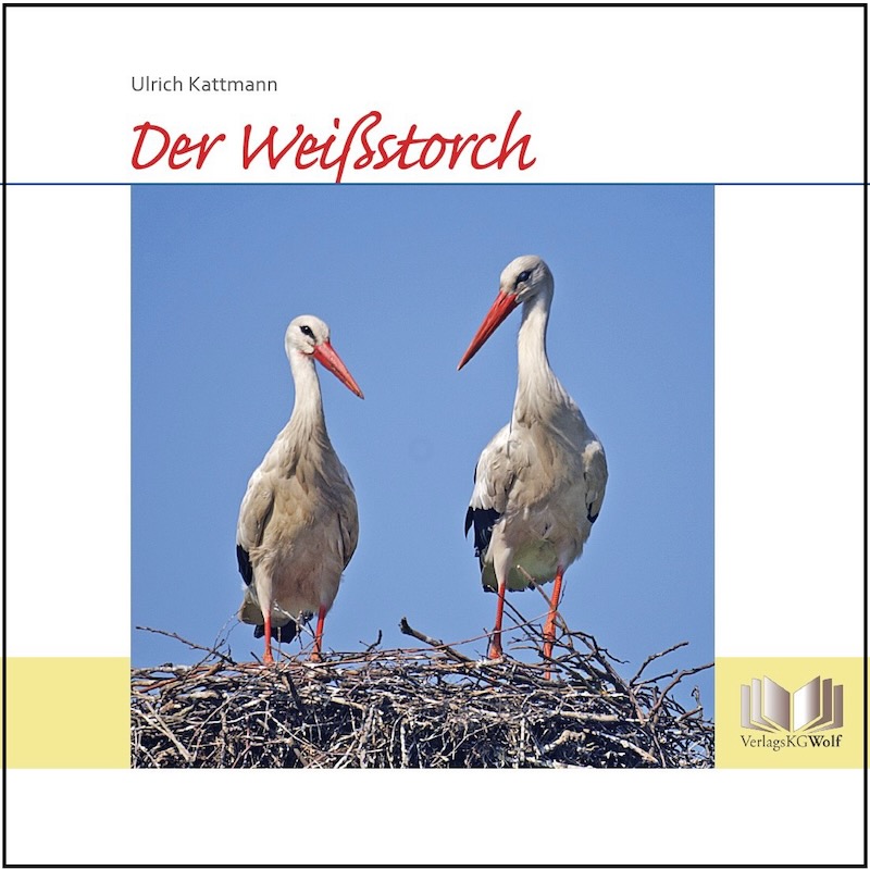 Buchcover mit etwas Beschriftung und einen Foto: Zwei Störche stehen auf ihrem Nest vor blauem Himmel.